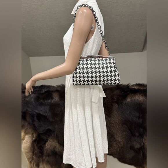 Houndstooth Woven Cowhide Push Lock Clutch/Shoulder Bag/Crossbody/Evening Bag - Picture 4 of 16